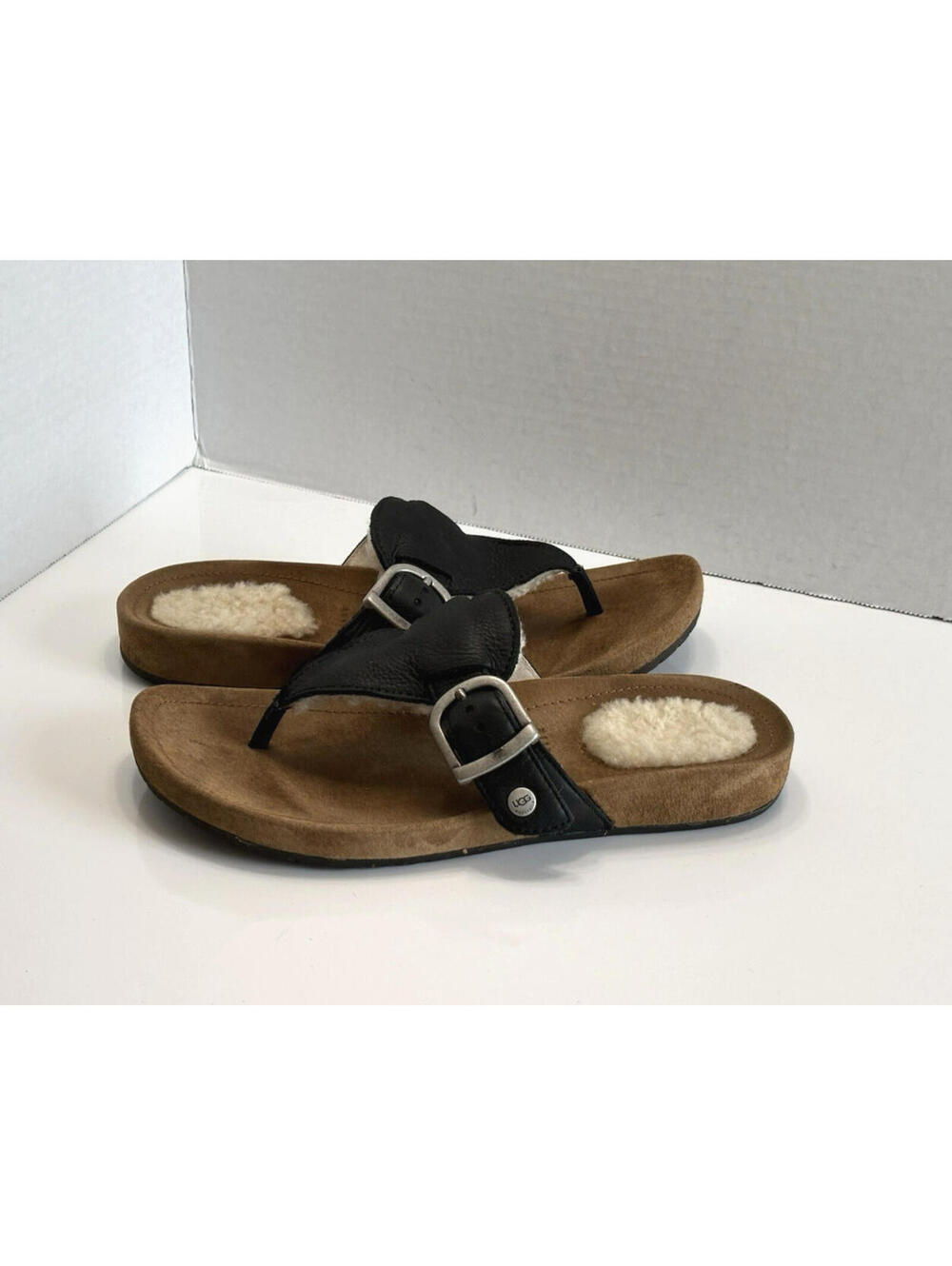 UGG Australia Women's Black Leather Flip Flop Sandals Sherpa Lining Comfy Size 7